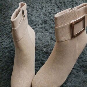 Women's Beige Ankle Heeled Boots with Decorative Buckle
